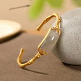 Vintage Hetian Jade Bamboo Leaf Bracelet Silver Jewelry
