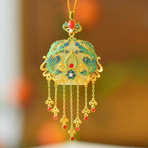 Handmade Chalcedony Enamel Phoenix Necklace with Tourmaline Tassel