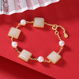 Silver Inlaid Hetian Chalcedony Geometric Pearl Necklace