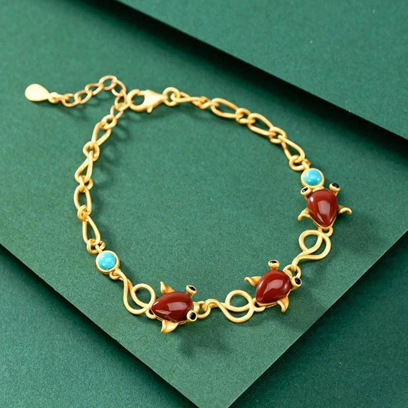 Silver Inlaid Red Tourmaline Turquoise Bracelet Adjustable Retro Jewelry