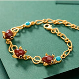 Silver Inlaid Red Tourmaline Turquoise Bracelet Adjustable Retro Palace Jewelry