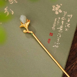 Inlaid Crystal Tulip Hair Accessories with Hetian Jade - Hanfu Accessory