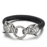 Mens Wolf Steel Jewelry Cowhide Bracelet Stainless Animal Leather