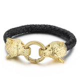 Mens Wolf Steel Jewelry Cowhide Bracelet Stainless Animal Leather