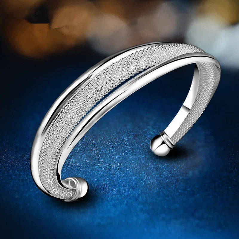 925 Silver Bead Open Cuff Bracelet Bangle18K Plated Gift