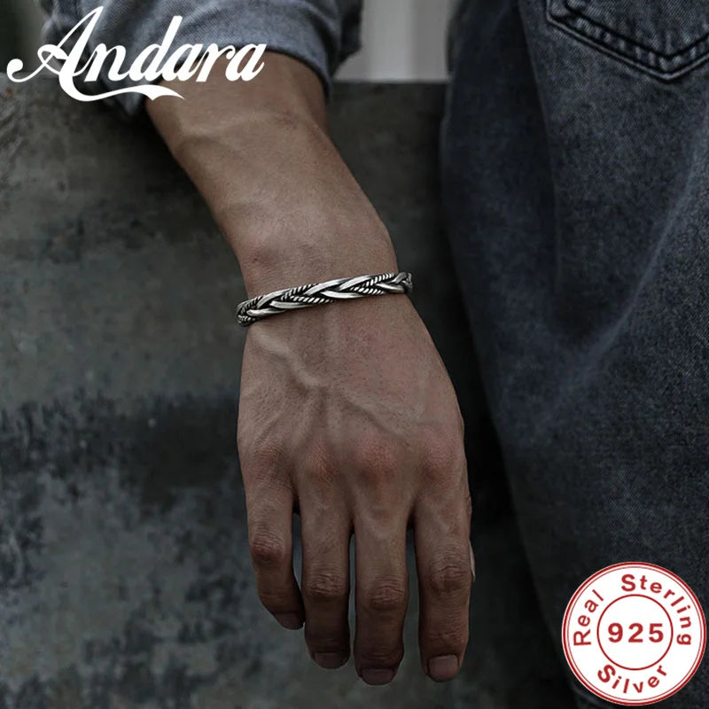 925 Silver Bangle Retro Woven Men's Gift