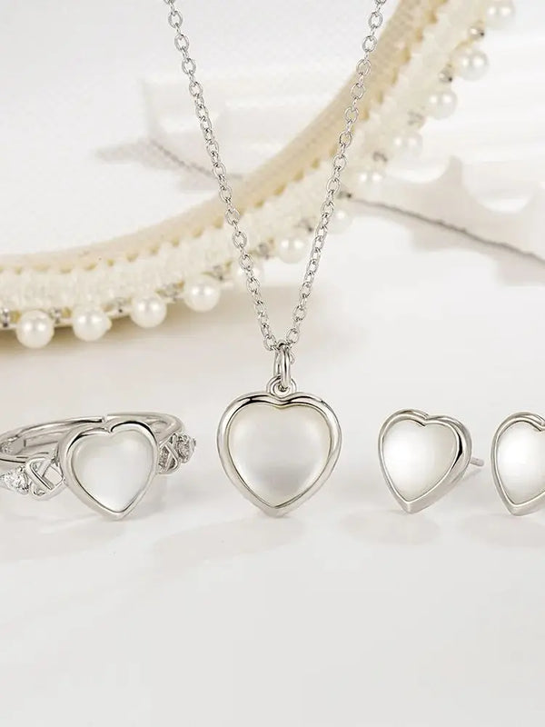 925 Silver Love Shape Necklace Ring Ear Stud Set Women Charming Gift