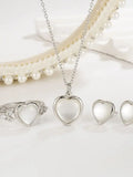 925 Silver Love Shape Necklace Ring Ear Stud Set Women Charming Gift