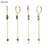 925 Silver Green Purple CZ Zircon Long Chain Drop Earring
