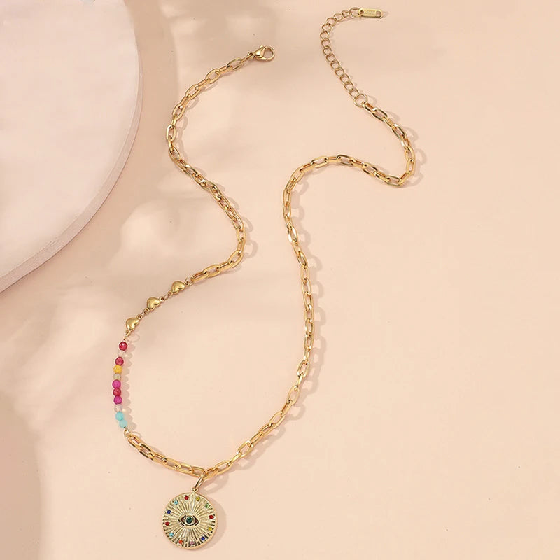 Colorful Zircon Eye Pendant Necklace Crystal Heart Chain Stainless Steel