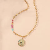 Colorful Zircon Eye Pendant Necklace Crystal Heart Chain Stainless Steel