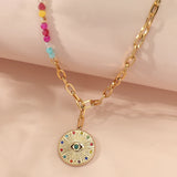Colorful Zircon Eye Pendant Necklace Crystal Heart Chain Stainless Steel