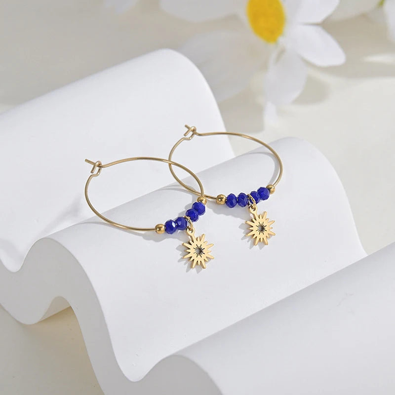 Stainless Steel Sun Charm Hoop Earrings with Crystal Beads for Women