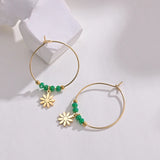 Stainless Steel Sun Charm Hoop Earrings with Crystal Beads for Women