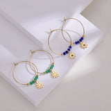 Stainless Steel Sun Charm Hoop Earrings with Crystal Beads for Women