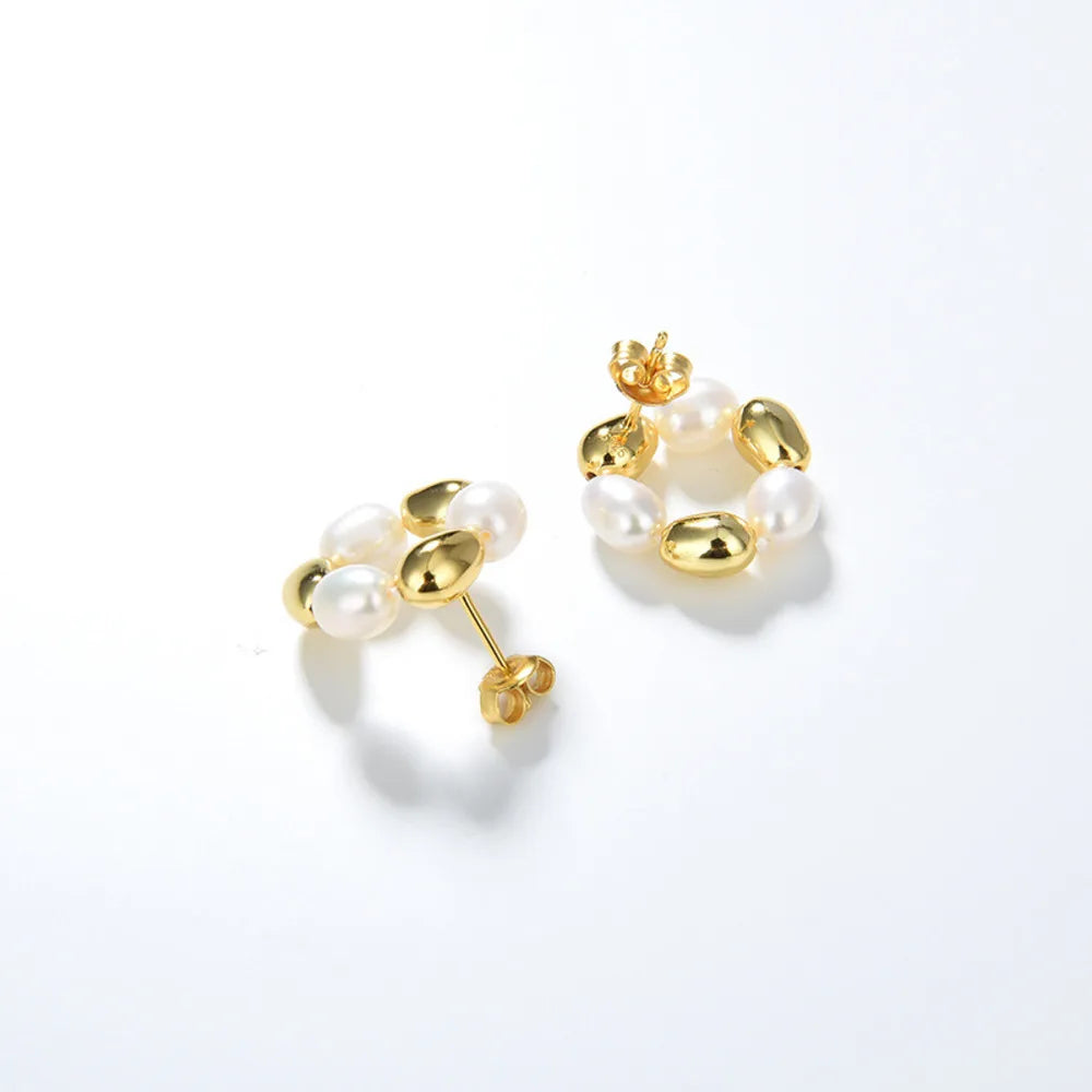 925 Silver Natural Baroque Pearl Stud Earrings Women Vintage Jewelry