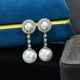 925 Silver Pearl Drop Earrings, High Carbon Diamond Wedding Jewelry