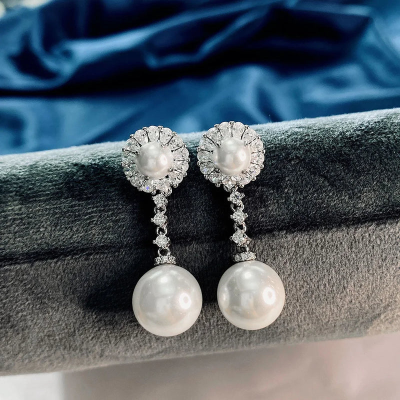 925 Silver Pearl Drop Earrings, High Carbon Diamond Wedding Jewelry