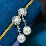 925 Silver Pearl Drop Earrings, High Carbon Diamond Wedding Jewelry