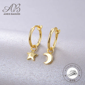 925 Silver 18K Plated Star Moon Hoop Earrings Women Jewelry