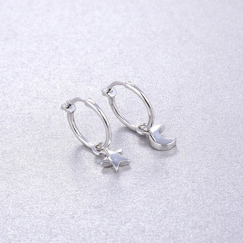925 Silver 18K Plated Star Moon Hoop Earrings Women Jewelry