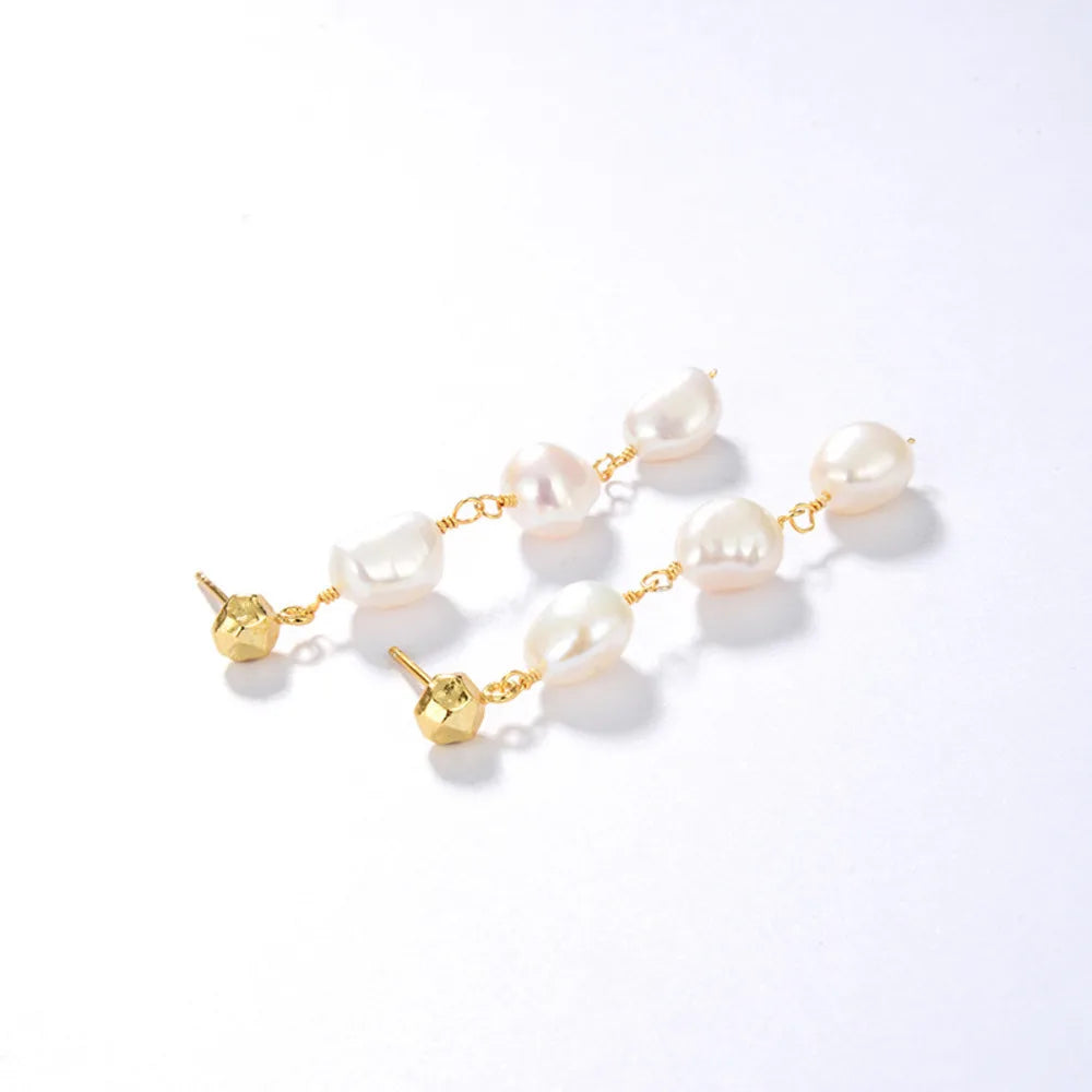 Vintage 925 Silver 18K Plated Baroque Pearl Drop Earrings Wedding Jewelry