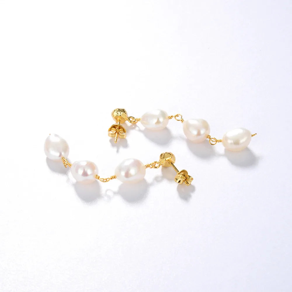 Vintage 925 Silver 18K Plated Baroque Pearl Drop Earrings Wedding Jewelry