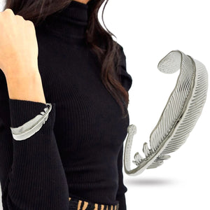 Angel Feather Textured Leaf Metal Open Bracelet Bangle Cuff Vintage
