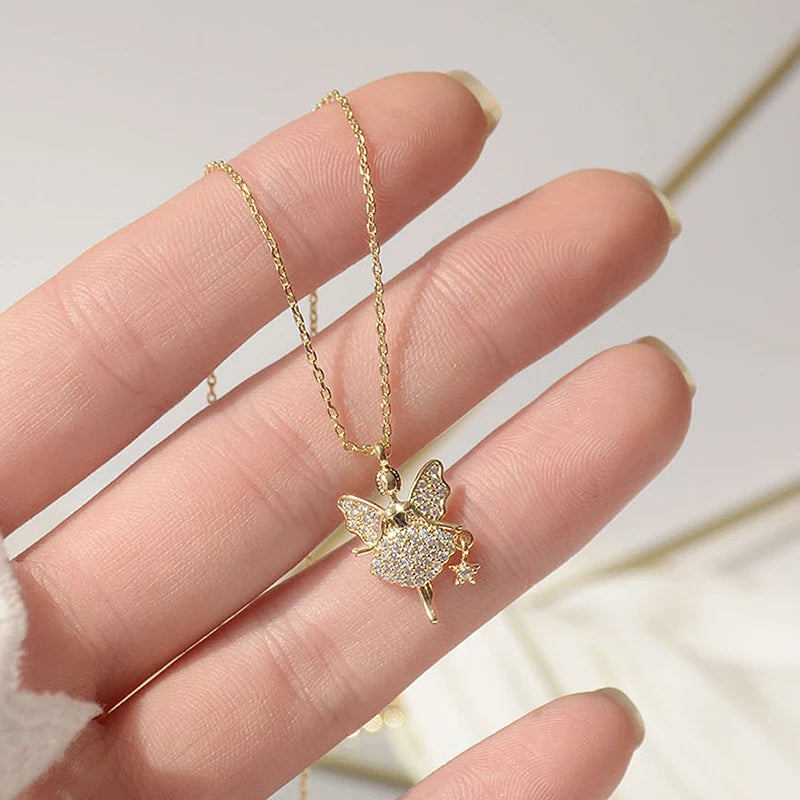 Golden Angel Pendant Necklace with Artificial Diamond Inlay