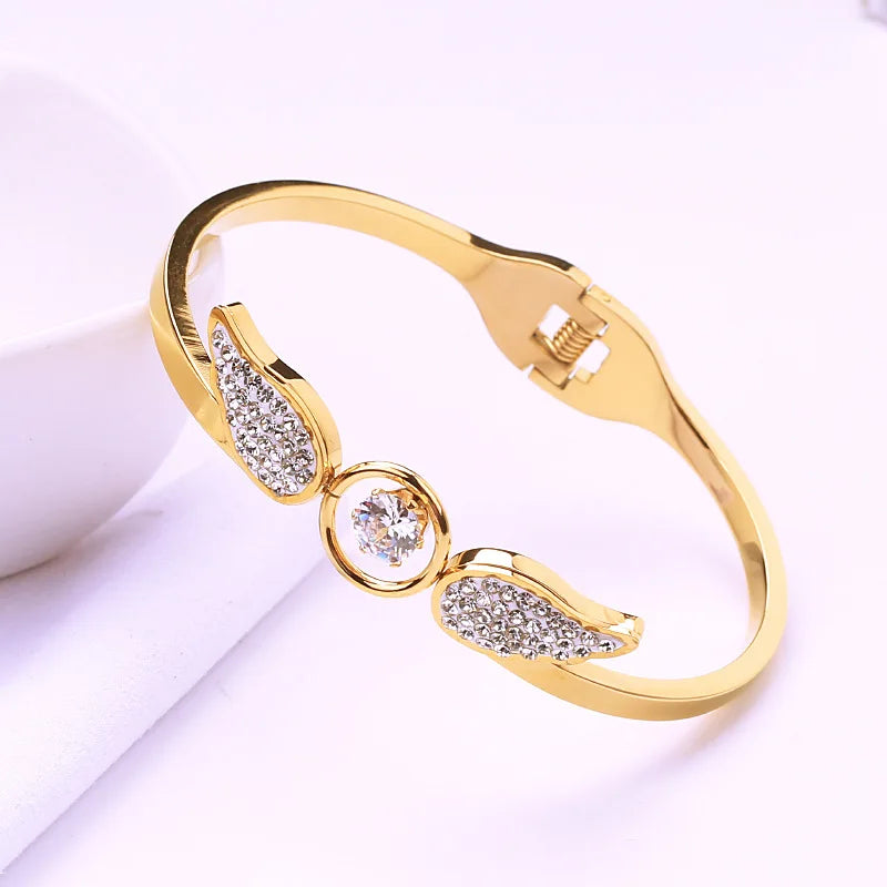 Zircon Angel Wings Bracelet for Women Stainless Steel Bangle