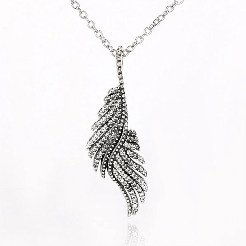 925 Silver Angel Wings CZ Feather Pendant Necklace Women Jewelry