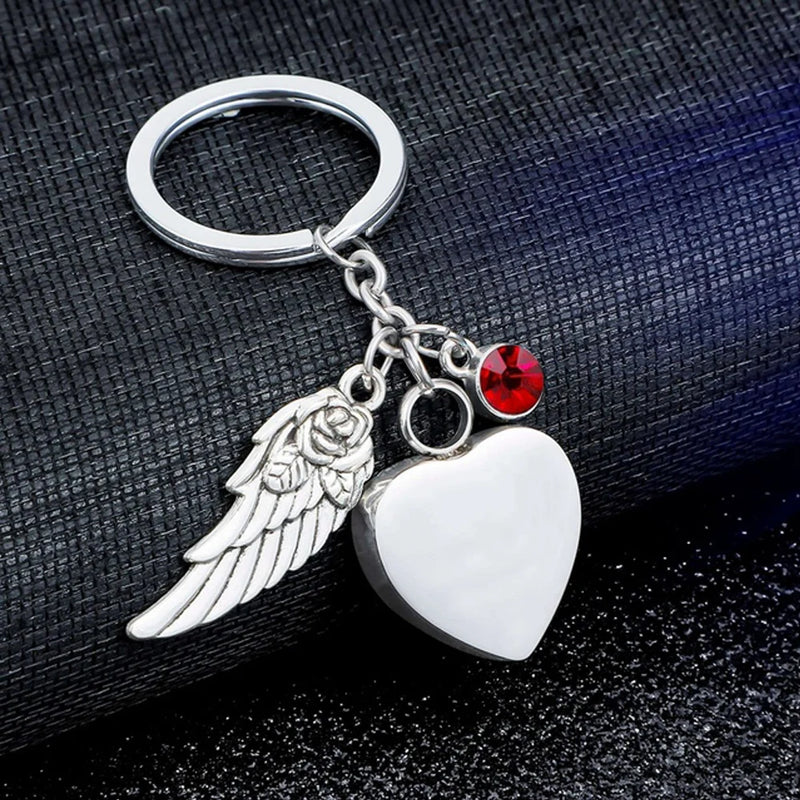 Angel Wings Heart Cremation Jewelry Urn Keychain with Birthstones