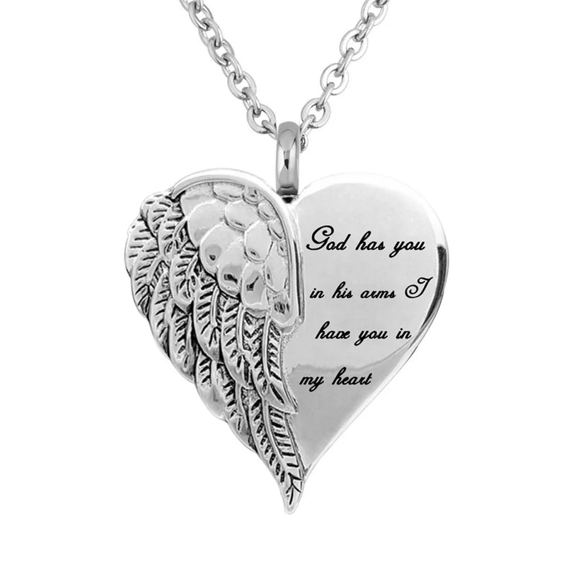 Angel Wings Heart Pendant Cremation Keepsake Urn Necklace Stainless Steel