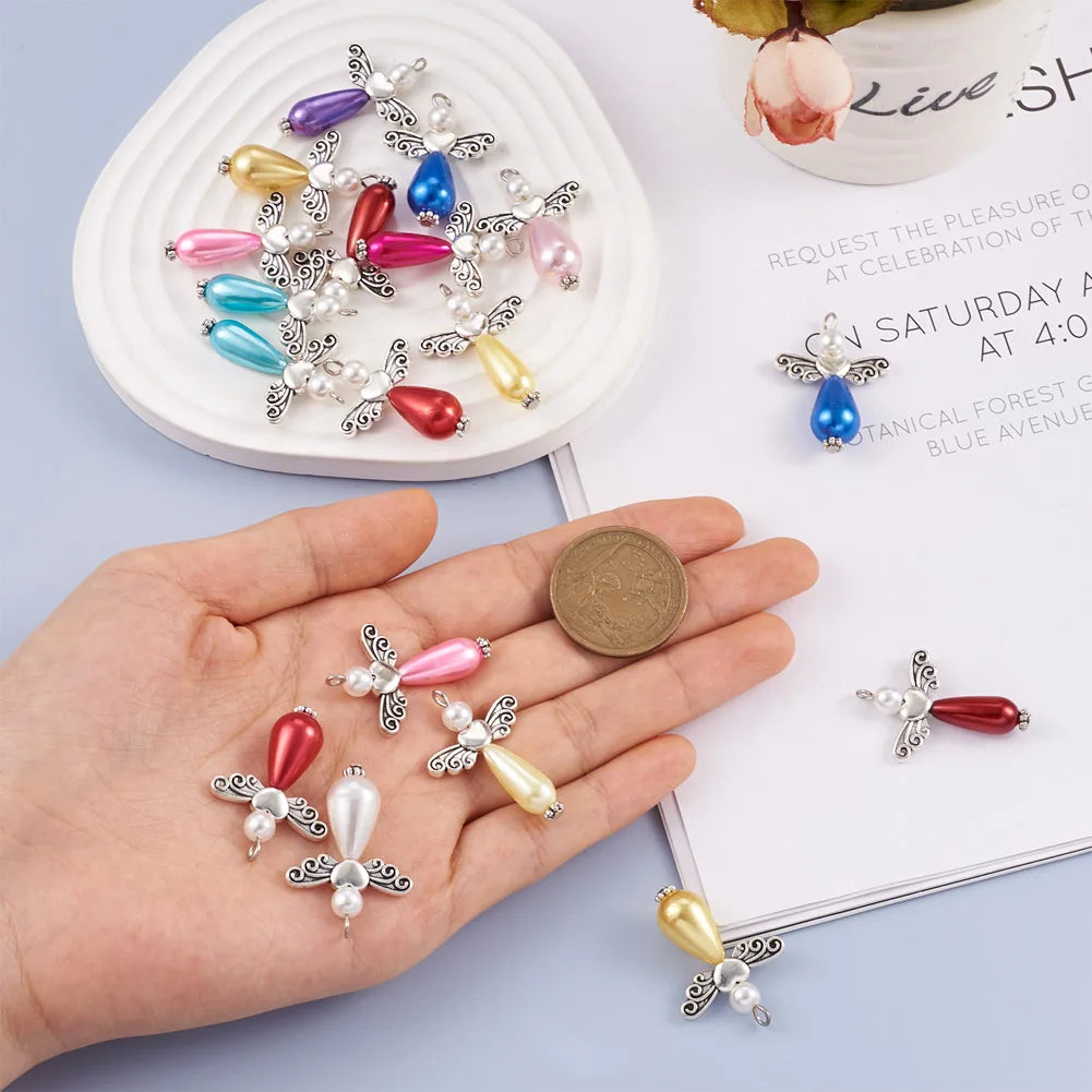 80Pcs Angle Pearl Pendant with Heart Wing Beads for DIY Jewelry