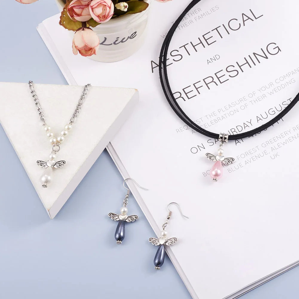 80Pcs Angle Pearl Pendant with Heart Wing Beads for DIY Jewelry