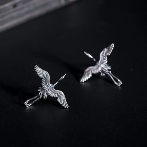 S925 Sterling Silver Retro Flying Crane Stud Earrings