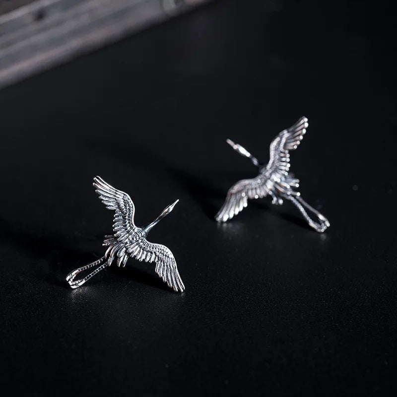 S925 Sterling Silver Retro Flying Crane Stud Earrings