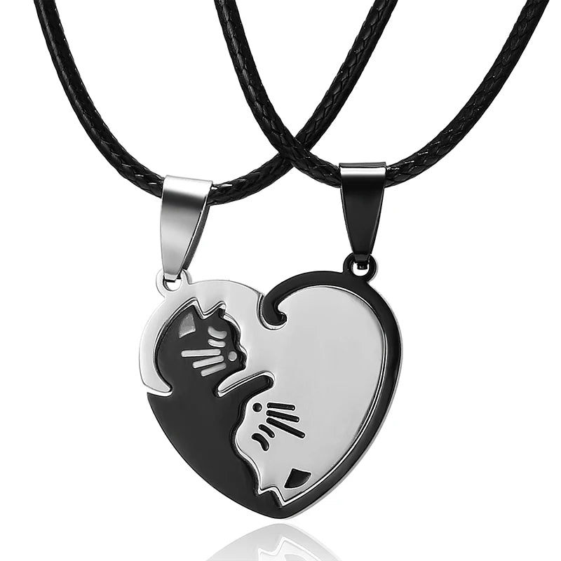 Cat Pendant Necklace Friendship Gift Heart Shape Couple Jewelry