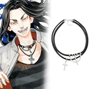 Tokyo Revengers Baji Necklace Cross Pendant Multilayer Leather Necklaces Cosplay