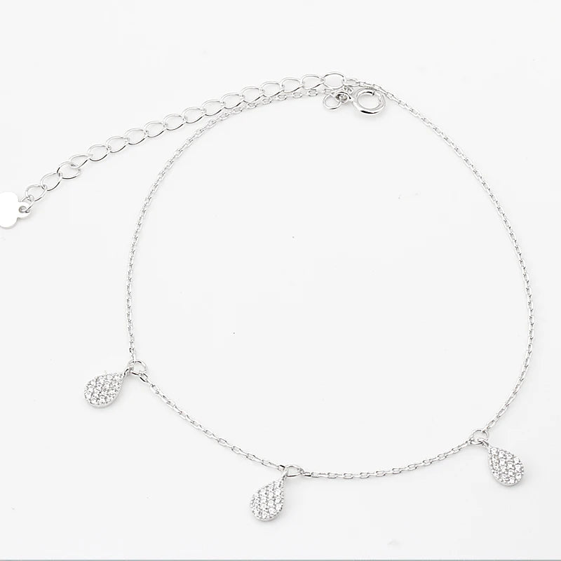 S925 Pure Silver Sandals Beach Chain Anklets with Small Zircon