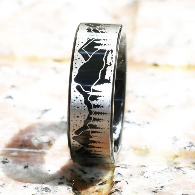 Night Forest View Tungsten Ring Anniversary Gift
