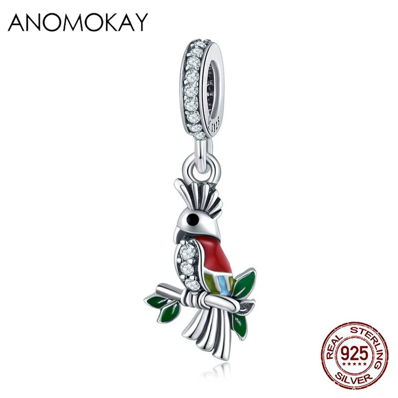 925 Silver Parrot Pendant Charms CZ Bead Necklace Bracelet