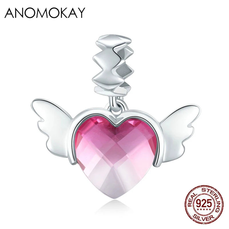 925 Silver Pink CZ Heart Angel Wing Charm Pendant