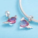 925 Silver Pink CZ Heart Angel Wing Charm Pendant