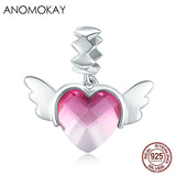 925 Silver Pink CZ Heart Angel Wing Charm Pendant