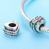 925 Silver Rainbow Crystal Heart CZ Charm Bead for Bracelet Chain Necklaces