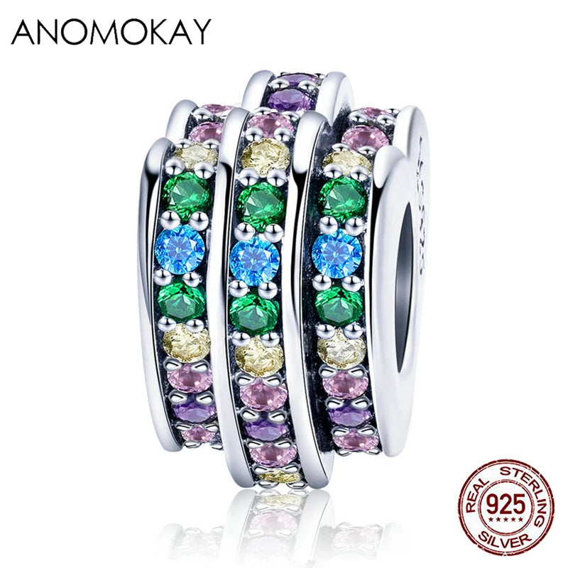 925 Silver Rainbow Crystal Heart CZ Charm Bead for Bracelet Chain Necklaces