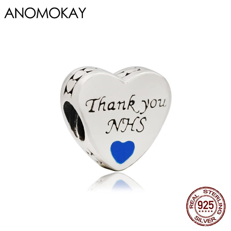 925 Silver Thank You Love Charm for DIY Bracelet with Dark Heart Beads