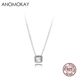 Sterling Silver CZ Square Bead Necklace - Birthday Gift for Women
