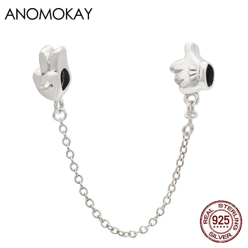 Sterling Silver Victory Hand Safety Chain Bracelet Bangle Clip Jewelry